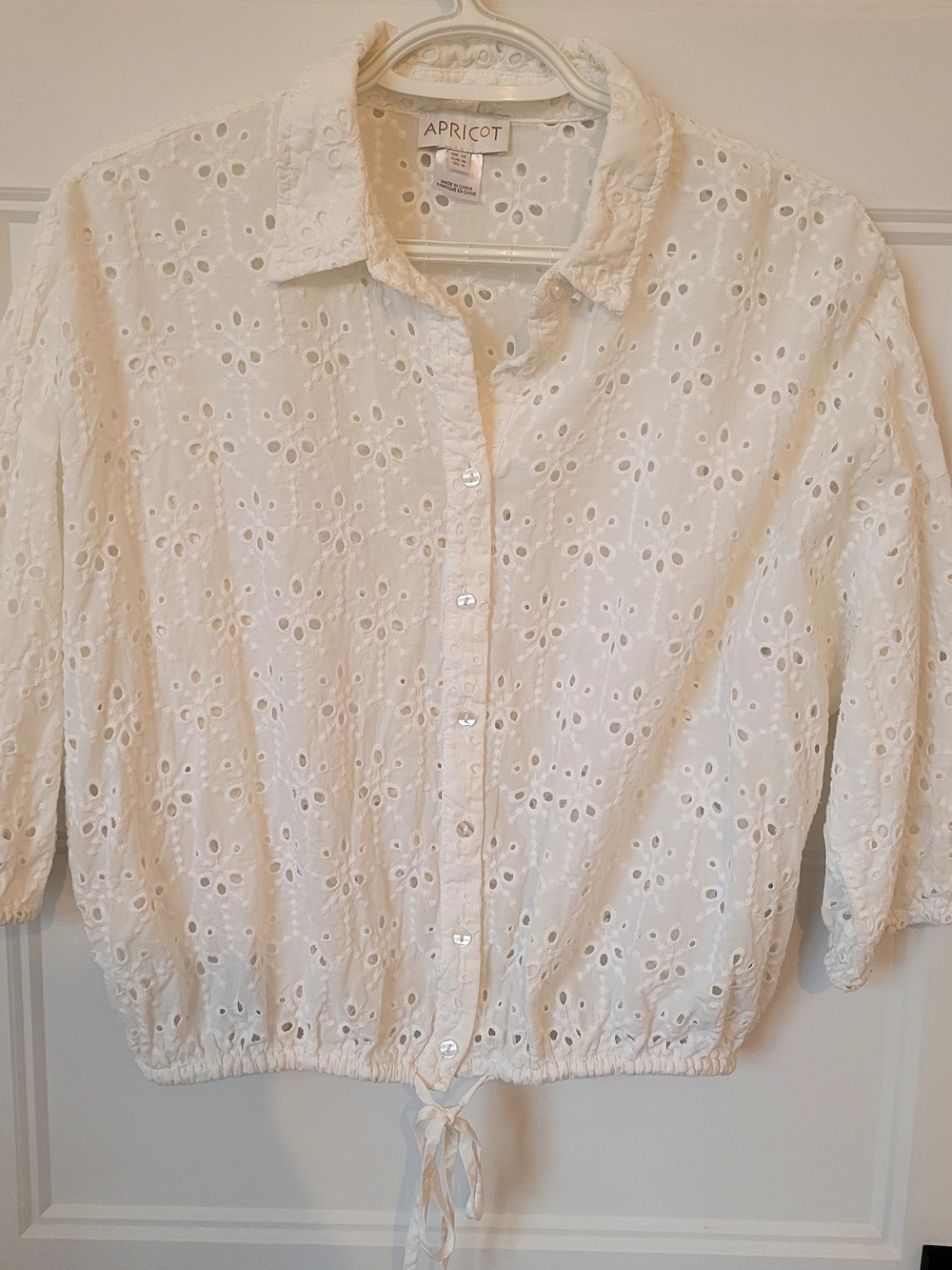🔥 STUNNING Apricot White Broderie Anglaise Eyelet Tie-Waist Cotton Blouse M/12